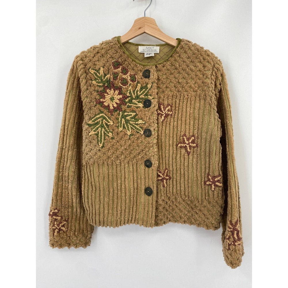 Vintage Sandy Starkman Cardigan Jacket Small Green Embroidered Chenille Floral - Picture 2 of 4